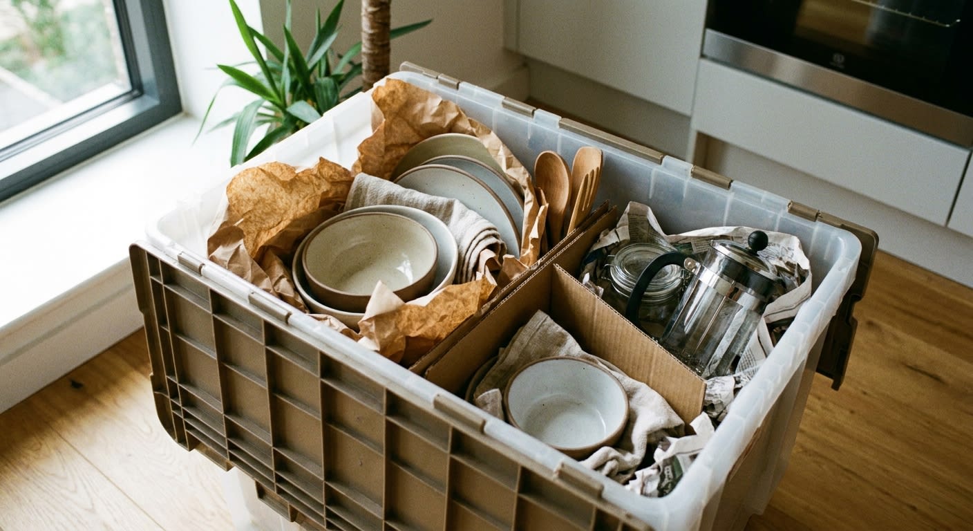 Close-up of opened reusable moving container revealing neatly packed kitchen items with sustainable packing materials, natural lighting through window, modern apartment interior setting
